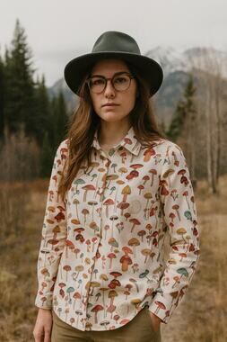 Mushroom Print Women’s ButtonUp Fairy Grunge Boho PolySpandex Cottagecore Top XL